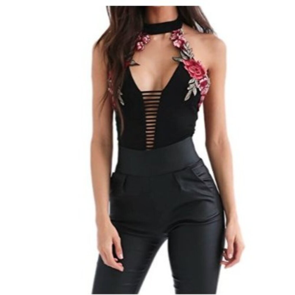 Laemilia Embroidered Floral V-neck Jumpsuit Bodysuit Slim Fit Clubwear Romper